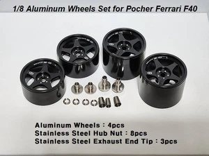 BLACK ALUMINUM WHEELS RIMS for 1/8 POCHER FERRARI F40 F40 LM - Picture 1 of 1