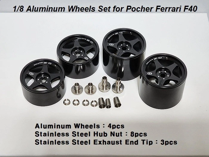 BLACK ALUMINUM WHEELS RIMS for 1/8 POCHER FERRARI F40 F40 LM - Image 1 of 1
