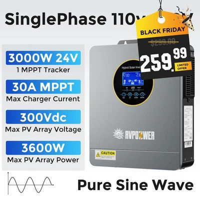 New 3000W Solar Hybrid Inverter 24V DC 120V AC MPPT Controller Charger Pure Sine - Image 1 of 4