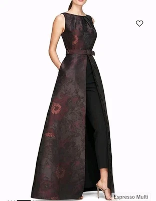 NWT Kay Unger Babette Walk Thru Jumpsuit 14 Espresso Multi Floor Length $418 New - Image 1 of 4