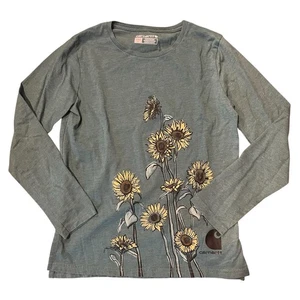 Carhartt Girls Large 12 Teal Long Sleeve Spruce Shirt Sunflower Floral Graphic - Picture 1 of 7