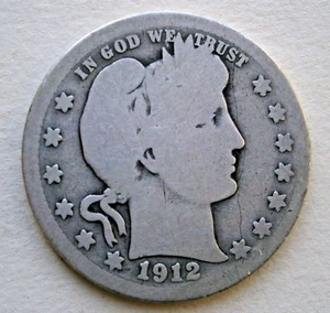 UNITED STATES 1912 Silver Barber Quarter, circulated. - Picture 1 of 2