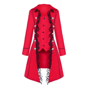 Women Lace Trim Vampire Gothic Long Jacket Tailcoat Frock Coat Long Sleeve Lapel - Picture 1 of 11