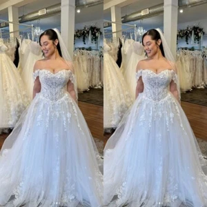 Elegant Wedding Dresses Off The Shoulder Lace Appliques A Line Beach Bridal Gown - Picture 1 of 9