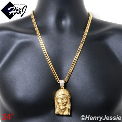 Colgante Jesús circonita cúbica cadena cubana Miami chapado en oro de 7 mm de acero inoxidable HOMBRE 18-40"*143 Foto 1 de 4