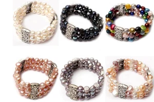 3 Rows 8-9mm Multicolor Freshwater Baroque Pearl Stretch Bracelet Bangle 7.5'' - Picture 1 of 7