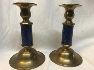 NEIMAN MARCUS SET OF 2 BRASS & COBALT BLUE ENAMEL CANDLESTICKS HOLDERS - Picture 1 of 12
