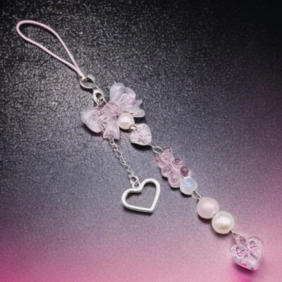 Phone Charm - Pink & White Hearts And Pearls, Cute Jelly Gummy Bear, Deco Strap - Image 1 of 2