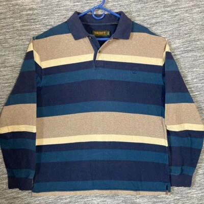 Timberland Hombre Azul Marino Beige Rayas Equipo Climático Mangas Largas Polo XL Foto 1 de 4