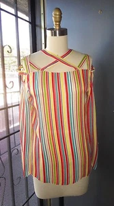 *CACHAREL* Silk Chiffon Striped Primary Color Long Sleeve Blouse Cold Shldr 36 4 - Picture 1 of 4