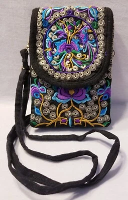 Cartera Bandolera Bordada Púrpura Multicolor Floral 3 Bolsillos Correa Ajustable Foto 1 de 4