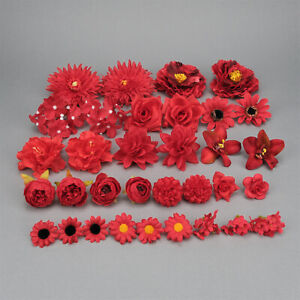 33Pcs Red  Artificial Silk flower Heads Set Bulk Fake flowers Wedding Home Decor