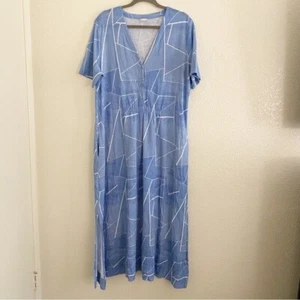 Poetry Damen Größe 12 Blau Leinen Geometrisches Muster Kurzarm Oversize Midikleid - Bild 1 von 9