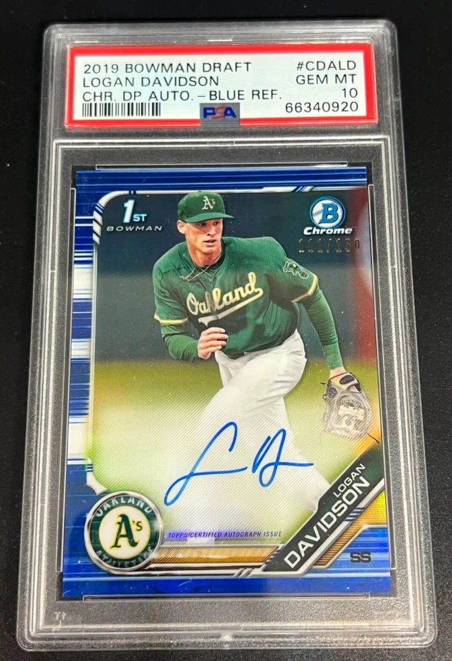 2019 Bowman Draft 1st Chrome AUTO Logan Davidson /150 TRUE Blue Refractor PSA 10 - Image 1 of 2