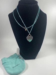 30” Tiffany & Co. Sparkle Blue Enamel Silver 2.5 mm Link Chain & Heart Pendant - Picture 1 of 8