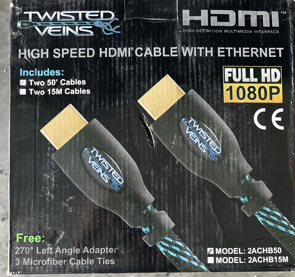 wisted Veins High Speed HDMI 2-50' Cable with Ethernet Full HD 1080p 2ACHB50 - Image 1 of 1