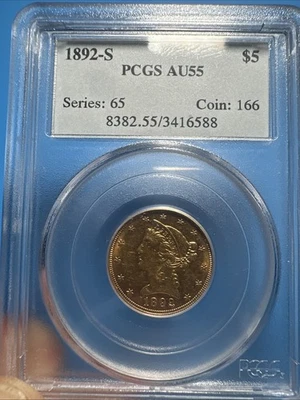 1892-S $5 Liberty Head Gold Coin PCGS AU55 💥Rare Collectible Coin💥 Authentic - Image 1 of 4