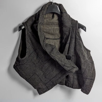 OSKA Asymmetric Pleated Striped Green/Gray Wool Japanese Wrap Vest size 3/M-L - Image 1 of 4