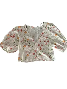 H&M Top Damen große weiße Blumen Puffärmel Knopfleiste Boho Bluse - Bild 1 von 1