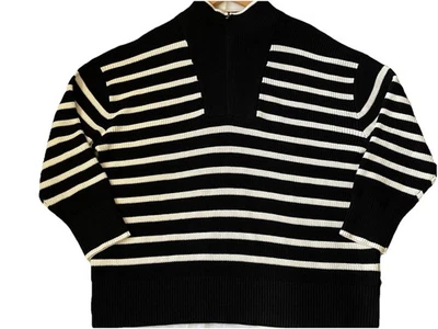 Suéter LANDS END Drifter Mujer 2X Negro Blanco Tiras Algodón Tejido 1/4 Cremallera Foto 1 de 4
