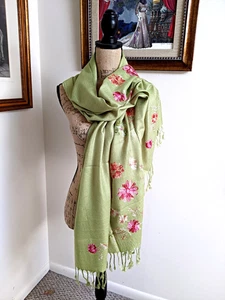 MEXICAN EMBROIDERED SOFT  FRINGED SHAWL REBOZO WRAP 72 X 28 - MADE in MEXICO - Picture 1 of 9