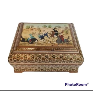 Scatola portagioie/gioielli in legno intarsiato Khatam persiano vintage fatta a mano, laccata UP - Foto 1 di 15