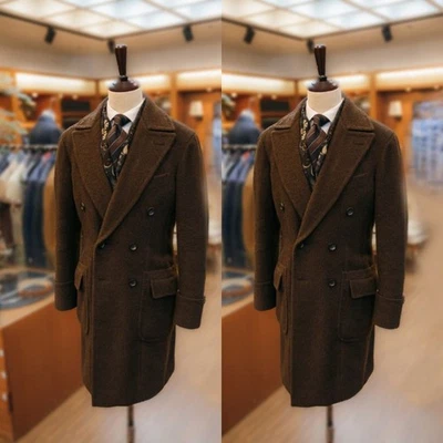 Brown Men's Long Overcoat Double Breasted Formal Outwear Winter Wool Long Jacket - Image 1 of 4