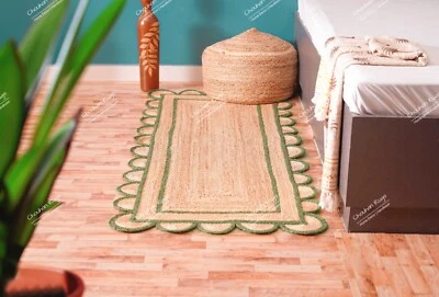 Indian Hand Braided Beige Jute Rug With Dark Green Scalloped Border Runner Rug - Image 1 of 4