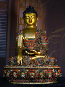 18.4" Tibet Copper Gilt Silver Wire inlay Gem Shakyamuni Amitabha Buddha Statue - Picture 1 of 9