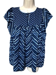 GAP Size M Blue Pull Over Short Sleeve Tie Neck Semi-Sheer Blouse Women's - Picture 1 of 7