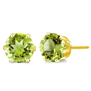 Natural Peridot Earrings | 6MM | 1.60 Cttw | Gemstone Birthstone | Yellow Gold - Picture 1 of 4