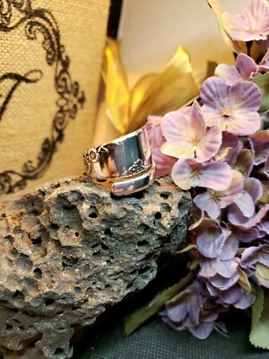 Anillo cuchara hecho a mano, plata 6-15 placa plata bypass flor chapado en plata Foto 1 de 4