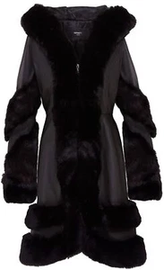 Womens Flared Black Luxury Leather Hooded Cape Coat With Fur - Picture 1 of 6