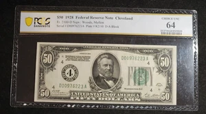 FR. 2100 D $50 1928 Federal Reserve Note Cleveland D-A Block Choice PCGS CU64 - Picture 1 of 4