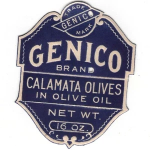 Papel de etiqueta de aceitunas Genico Calamata de la década de 1930 16 oz. Aceite en relieve de colección original C24 - Imagen 1 de 2