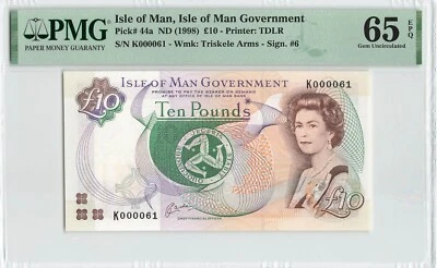 ISLE OF MAN 10 Pounds 1998, P-44a, Low S/N #61, PMG 65 EPQ Gem UNC, QEII Note - Image 1 of 2