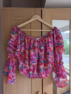 Off The Shoulder Pink Floral Frilly Top Bare Shoulders 8 Ruffle Boho Feminine - Picture 1 of 6