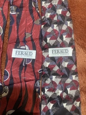 批量 2 件 Louis Feraud 男式领带 意大利丝绸 深色 几何图案  — 第 1/4 张图片