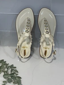 Brandneu Sam Edelman Gigi Damen-Riemensandale Perlen elfenbeinfarben Größe 7,5 flach Vintage - Bild 1 von 13