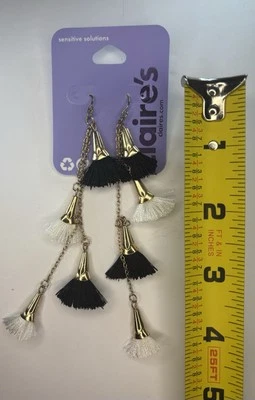 Claires 3 Inch Dangle White Black Gold Tassel Pierced Earrings  - Image 1 of 2