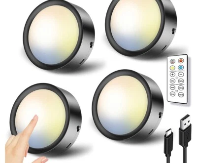 USB Rechargeable LED Puck Lights with Remote Control, Black Battery Operated Pus - Image 1 of 4