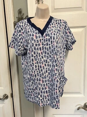 Print by Maevn Scrub Top Size Medium Blue Pink Abstract Dot Print Pockets Comfy - Image 1 of 4
