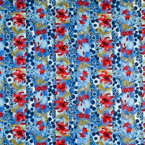 Red & Blue Complex Floral & Geometric Striped Plain Weave Linen Fabric | 2.8 yds - Picture 1 of 7