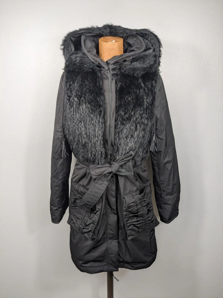 Ellie Tahari Genuine Rabbit Fur Black Winter Jacket Womens Size Small Belted - Image 1 of 4