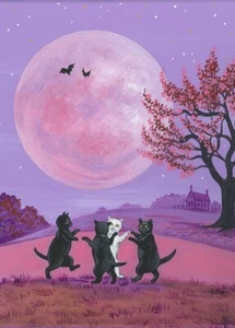 ACEO Estampado de pintura RYTA ABRIL Rosa Luna Gato Negro Halloween Embrujado Arte Popular - Imagen 1 de 1