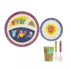Kids Monster Bamboo 5pc Childrens Dinner Plate,Bowl,Fork,Spoon & Cup Child Set - Picture 1 of 1
