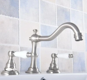 Brushed Nickel Widespread Bathroom Sink Faucet 3 Hole Basin Mixer Tap mnf688 - Picture 1 of 7