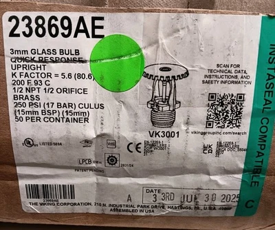 Caja de 50 - Cabezales de rociadores Viking 2369AE VK3001, bombilla de vidrio de 3 mm respuesta rápida Foto 1 de 4