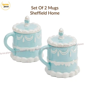 SET 2  Sheffield Home Hand Painted Blue Happy Birthday Cake Mug & Candle Lid NEW - Picture 1 of 3