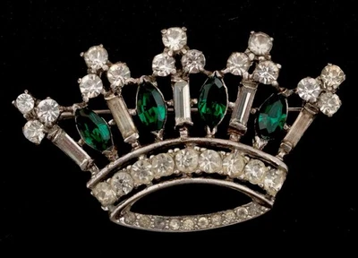 Vintage  Signed TRIFARI Sterling Silver Crown Brooch Clear & Green Rhinestones - Image 1 of 3